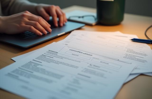 Personne tapant sur un ordinateur portable avec des formulaires de candidature à proximité